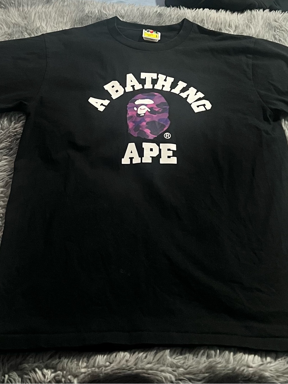 Bape Black Tee with Purple Camo Ape Head and White Arch Logo